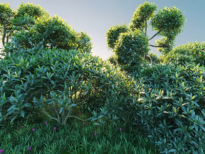Lush Green Bushes In Sunlit Natural Landscape With Dense Fresh Foliage And Greenery 3d model