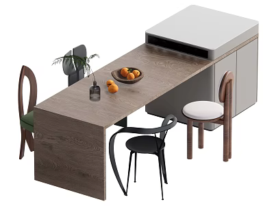 Wooden Dining Table Set With Mixed Design Chairs Fruits Vase And Storage Cabinet 3d model