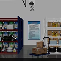 Organized Warehouse Storage Area With Metal Shelves Tires Boxes And Mobile Cart