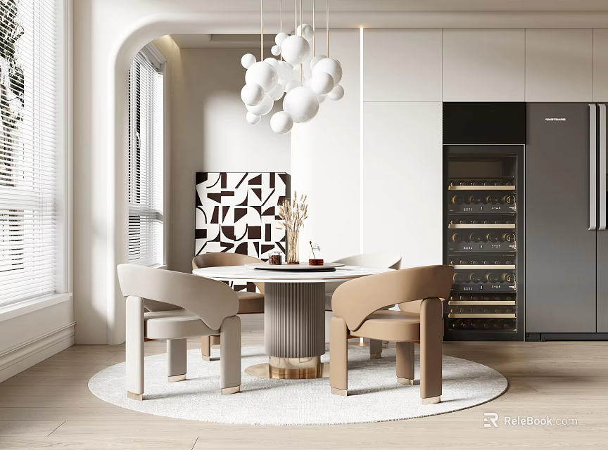 Modern Restaurant Interior With Round Dining Table Beige Chairs White Spherical Pendant Light And Geometric Wall Art 3d model 