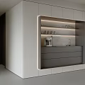 Modern White And Gray Built-in Sideboard With LED Lighting Glass Shelves And Glassware Appliances
