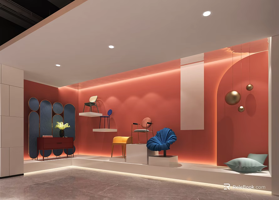 Modern Luxury Exhibition Hall Interior With Red Walls Blue Chairs And Circular Decorations 3d model 