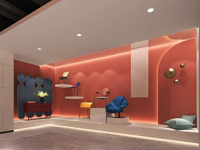 Modern Luxury Exhibition Hall Interior With Red Walls Blue Chairs And Circular Decorations 3d model