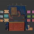 Vibrant Gift Display Cabinet With Blue Drapes And Stacked Colorful Gift Boxes