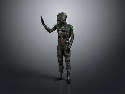 Futuristic Sci Fi Character In Helmet And Bodysuit With Green Glowing Accents Waving Hand 3d model