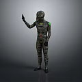 Futuristic Sci Fi Character In Helmet And Bodysuit With Green Glowing Accents Waving Hand