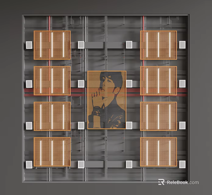 Modern Ceiling Design With Wooden Panels Central Character Pattern Gray Background And Red Lines 3d model 