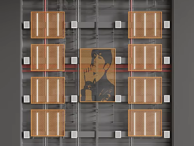Modern Ceiling Design With Wooden Panels Central Character Pattern Gray Background And Red Lines 3d model