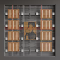 Modern Ceiling Design With Wooden Panels Central Character Pattern Gray Background And Red Lines 3d model