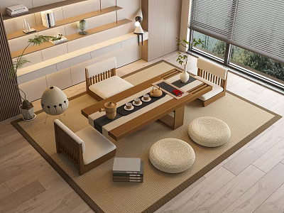 Minimalist Wooden Tea Table And Chairs With Cushioned Seats Tea Sets And Potted Plants 3d model