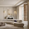 Elegant Modern Living Room Interior With Beige Curved Sofa Purple Accent Chair And Round Rug