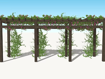 Outdoor Wooden Pergola With Climbing Vines And Pink Flowers Covering Top 3d model