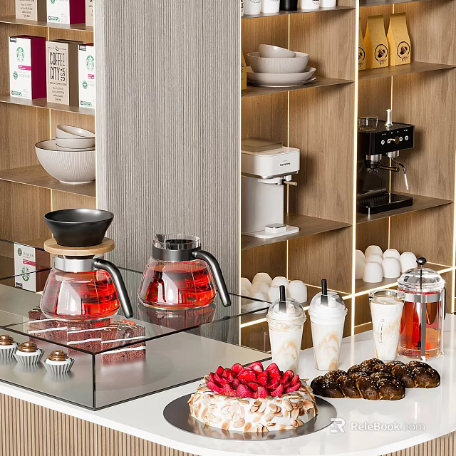 Glass Kitchen Counter With Glass Teapots Creamy Beverages And Sweet Desserts 3d model 