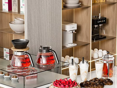 Glass Kitchen Counter With Glass Teapots Creamy Beverages And Sweet Desserts 3d model