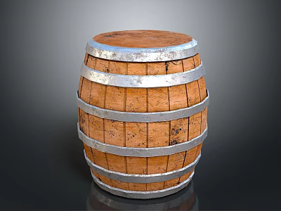Wooden Barrel With Metal Hoops Round Top Practical Household Storage Item 3d model