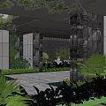 Modern Commercial Landscape Design With Glass Doors Louvered Roof Courtyard Stone Pathway And Lush Greenery