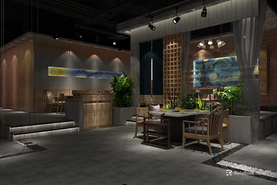 Modern Restaurant Interior Design With Open Layout Wooden Decor Green Plants And Dining Tables 3d model 