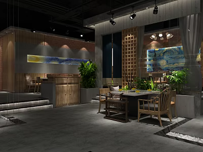 Modern Restaurant Interior Design With Open Layout Wooden Decor Green Plants And Dining Tables 3d model