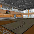 Basketball Court Interior With Polished Wooden Floor Orange Accents Ceiling Lights Windows and Gray Bleachers