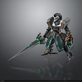 Detailed Armored Fantasy Character With Green Glowing Spear And Mechanical Armor