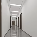 Modern Office Corridor With White Walls Wooden Doors Ceiling Lights And Sleek Flooring