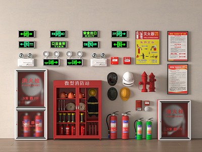 Modern fire fighting equipment fire hydrant fire extinguisher safety exit alarm emergency lighting 3d model