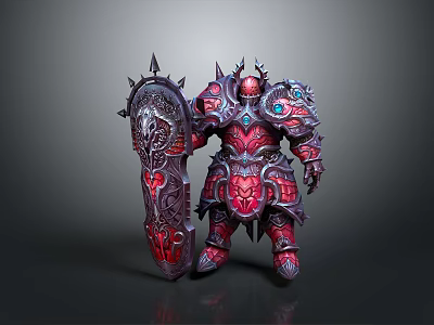 Ornate Red and Purple Armored Man with Spiked Shield and Gemstone Accents 3d model
