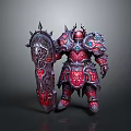 Ornate Red and Purple Armored Man with Spiked Shield and Gemstone Accents