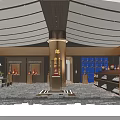 Blue and White Porcelain Specialty Store Interior With Display Shelves Marble Counter And Decorative Mural