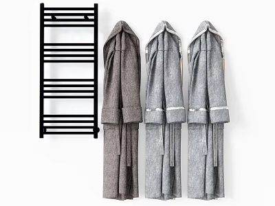 Three Comfortable Gray Robes Hanging Next To Black Towel Rack 3d model