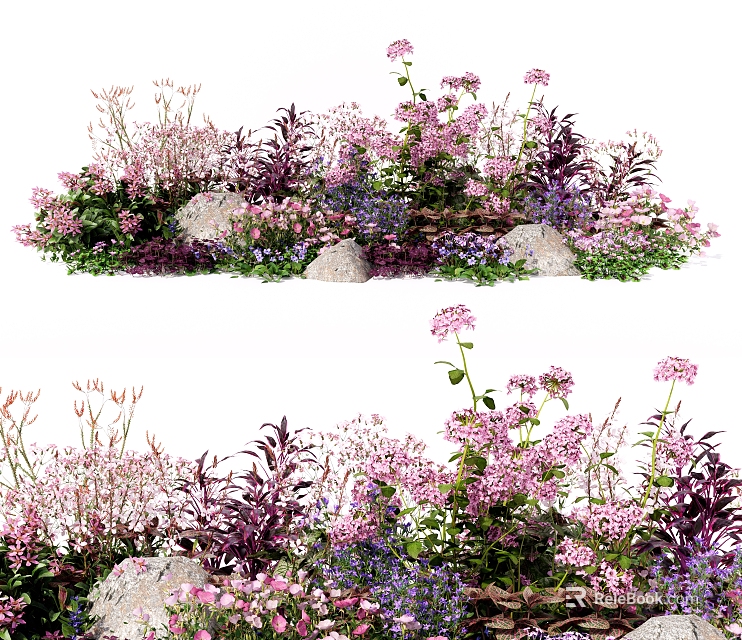 Vibrant Lush Garden Flowers And Plants With Pink Purple Blooms And Stones 3d model 