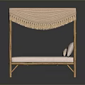 Wooden Four Poster Bed With Striped Canopy Fringe Pillows And Light Mattress