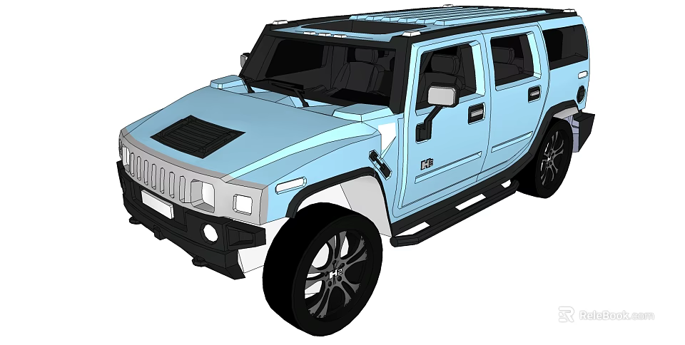 Light Blue Hummer SUV Exterior With Black Wheels And Roof Rack Design 3d model 
