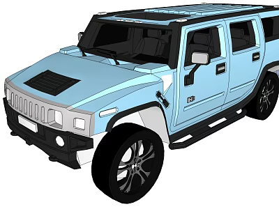 Light Blue Hummer SUV Exterior With Black Wheels And Roof Rack Design 3d model