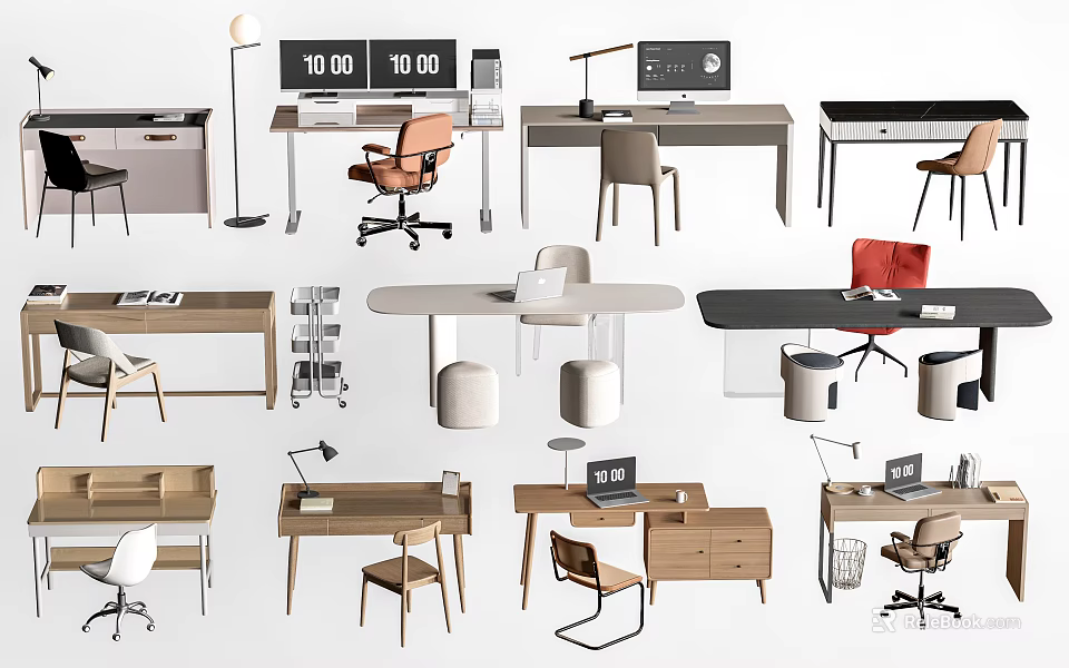 Modern Home Office Desk Designs With Chair Lamp Computer And Storage Solutions 3d model 