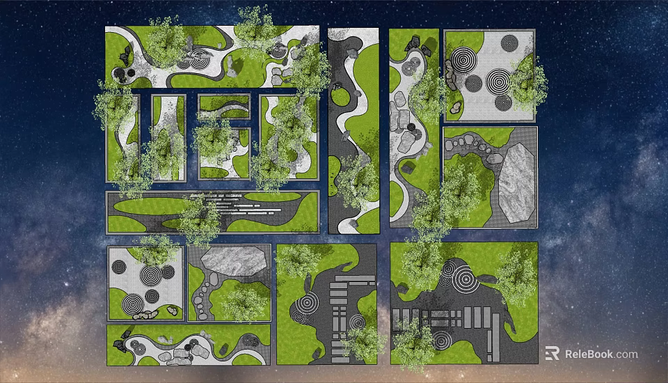 Garden Ornaments Design With Various Layouts Paths Plants Stones And Circular Patterns 3d model 