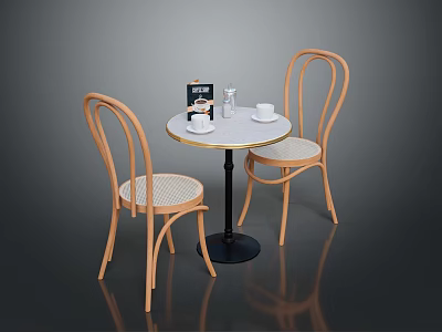 Modern Round Table With White Top And Black Legs Paired With Wooden Curved Back Chairs 3d model