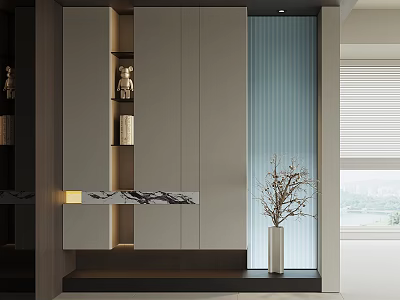 Modern Shoe Cabinet Design With Sleek Finish Marble Countertop LED Lighting And Decorative Plant 3d model