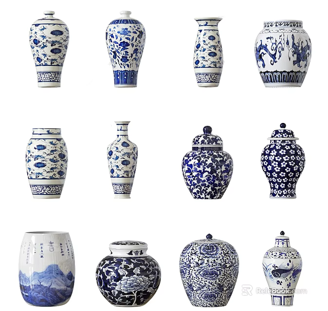 Blue and White Ceramic Vessels with Traditional Patterns and Various Shapes 3d model