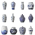 Blue and White Ceramic Vessels with Traditional Patterns and Various Shapes 3d model