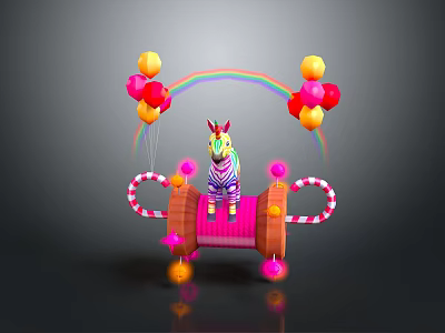 Colorful Zebra On Pink Seat With Candy Cane Railings Rainbow And Balloons Decor 3d model