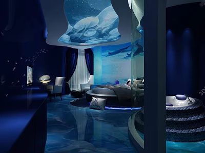 Hotel Room with Dark Blue Theme Starry Ceiling Iceberg Decorations and Round Bed 3d model