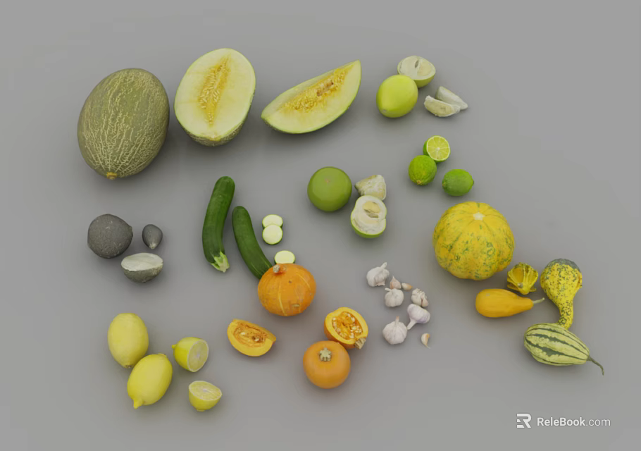 Fresh Assorted Fruits Collection Featuring Whole and Sliced Cantaloupe Limes Avocado and Oranges 3d model 