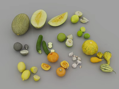 Fresh Assorted Fruits Collection Featuring Whole and Sliced Cantaloupe Limes Avocado and Oranges 3d model
