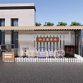 Community Service Station Exterior With Awning White Picket Fence And Signboard