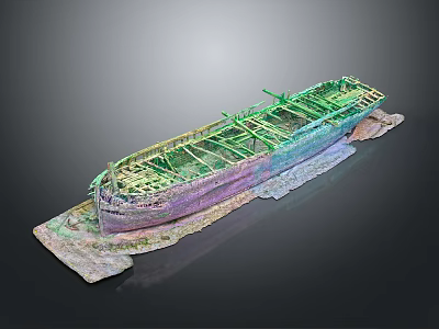 Wooden Shipwreck Model Display With Green Purple Hull And Rocky Wave Base 3d model
