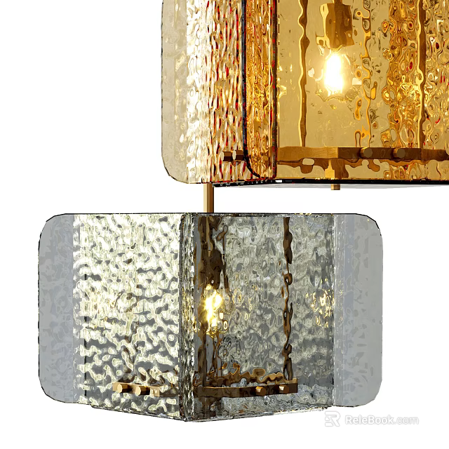 Modern Elegant Chandelier Design With Gold Metal Frame Textured Glass And Clear Bulb 3d model 