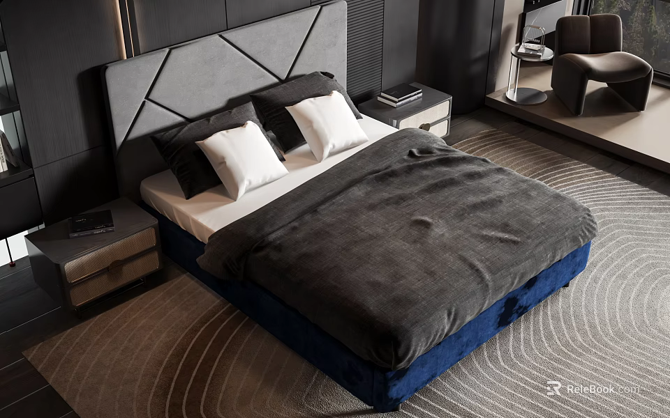 Modern Double Bed with Gray Geometric Headboard Black White Pillows and Blue Frame 3d model 