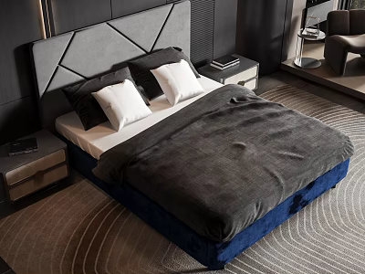 Modern Double Bed with Gray Geometric Headboard Black White Pillows and Blue Frame 3d model