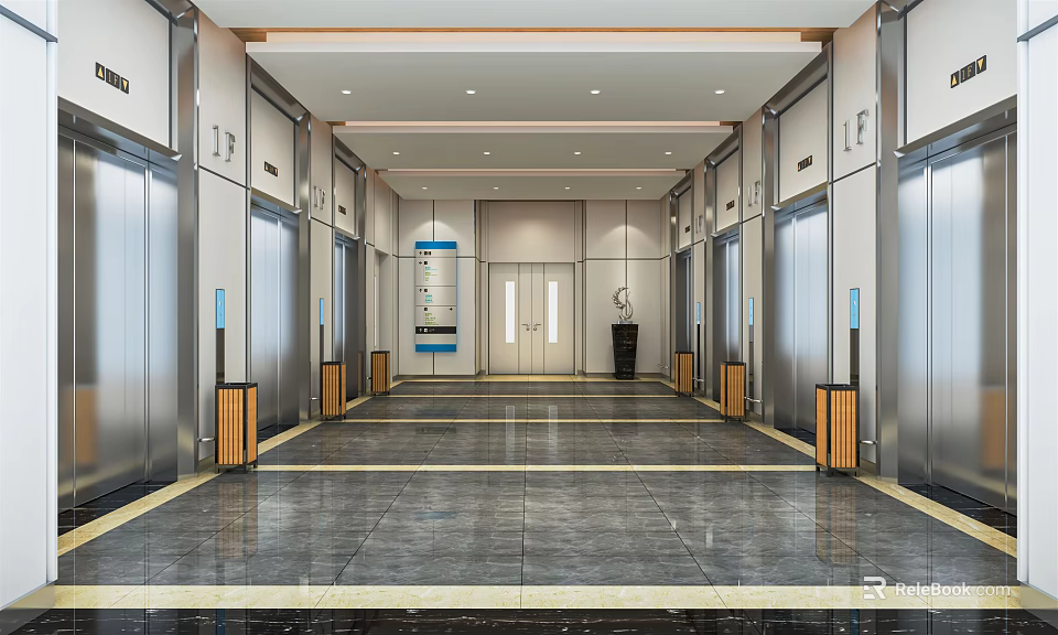 Modern Elevator Hallway With Spacious Layout Marble Floor And Side Elevator Doors 3d model